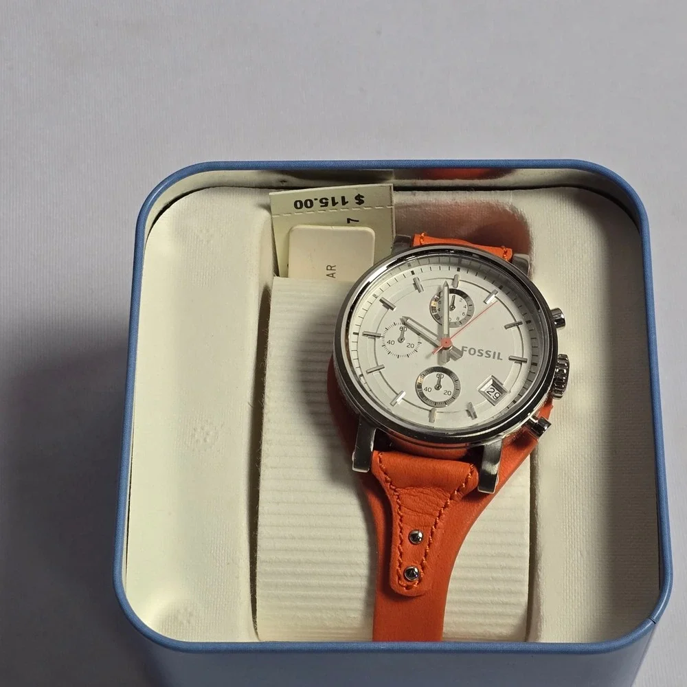 Fossil Del Rey Chronograph Orange Leather Cuff Watch ES3768 Silver Cream Dial